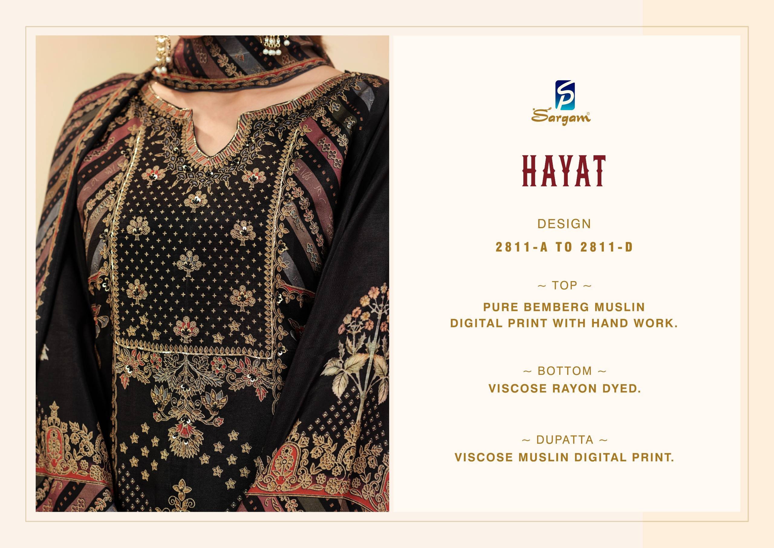 HAYAT by SARGAM 2811A TO 2811D SERIES Stylish Beautiful Colourful PURE VISCOSE MUSLIN Dresses At Wholesale Price
